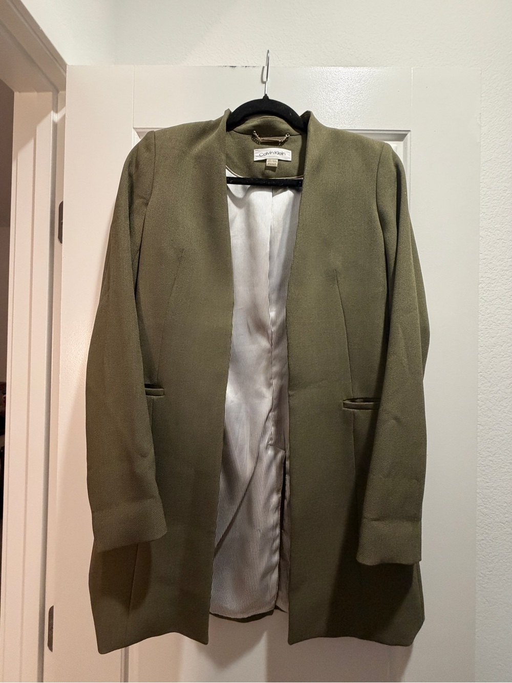Calvin Klein Olive Blazer Jacket - Collarless Open Front
